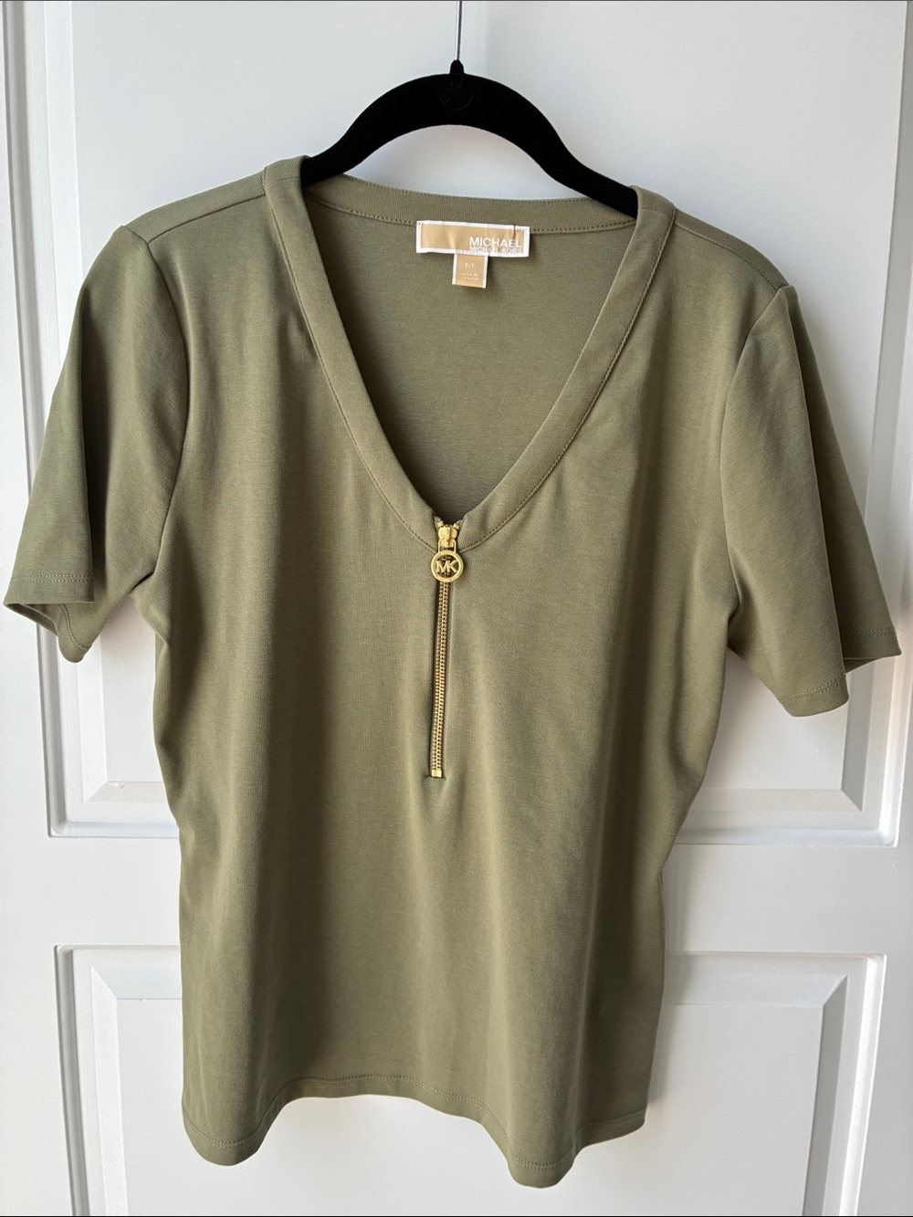 Michael Kors Olive Green V-Neck Short Sleeve Top with Gold Logo Zip